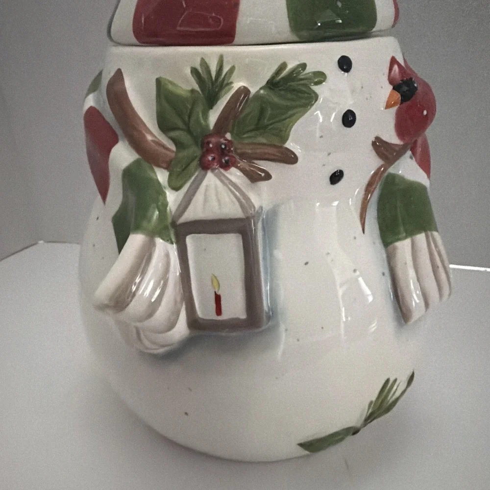 Ceramic Snowman Cookie Jar Holiday Christmas Decor Cardinal Lantern Red Green